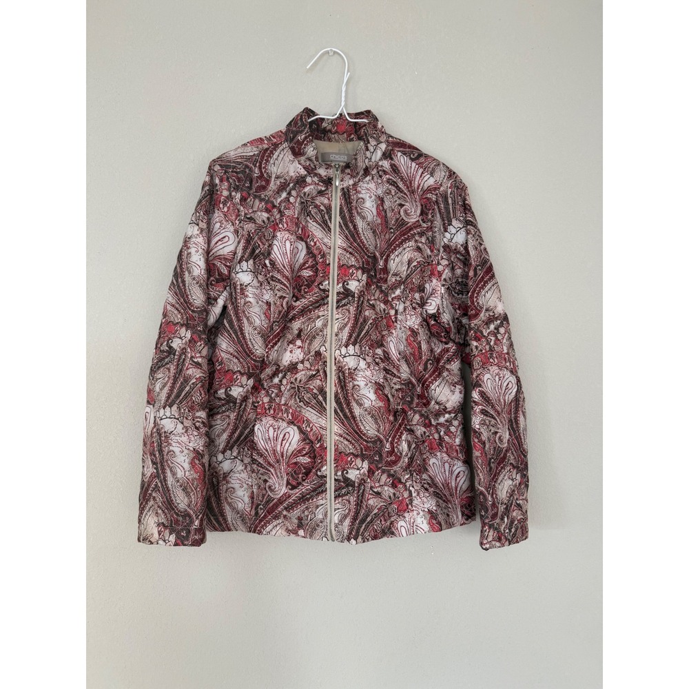 Chico's Quilted Paisley Jacket Womens Size 1 Burgundy Red Zip Up Mock Neck